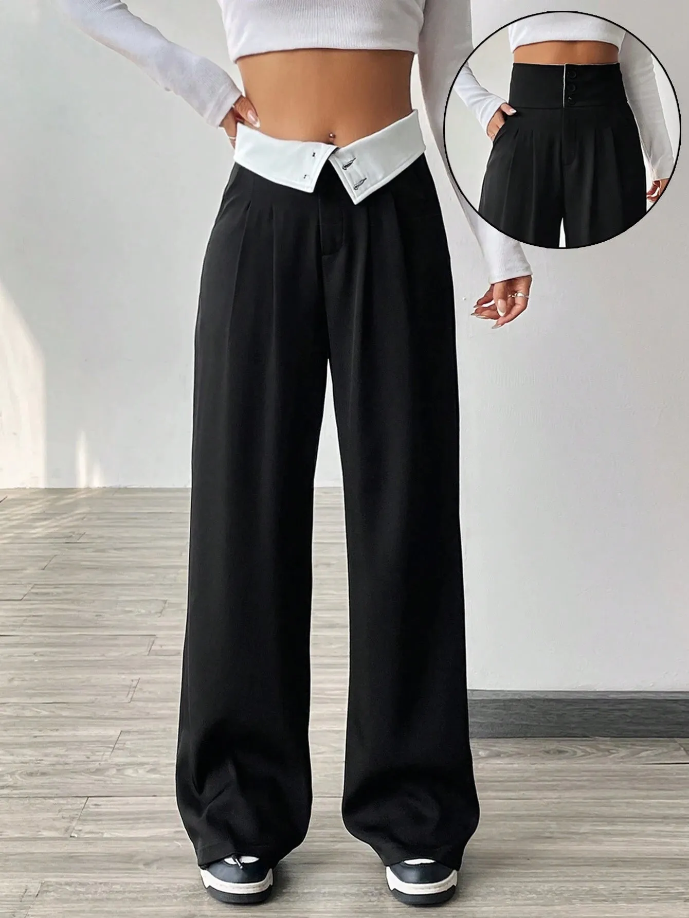 SHEIN EZwear Contrast Color Turn-Waist Trousers