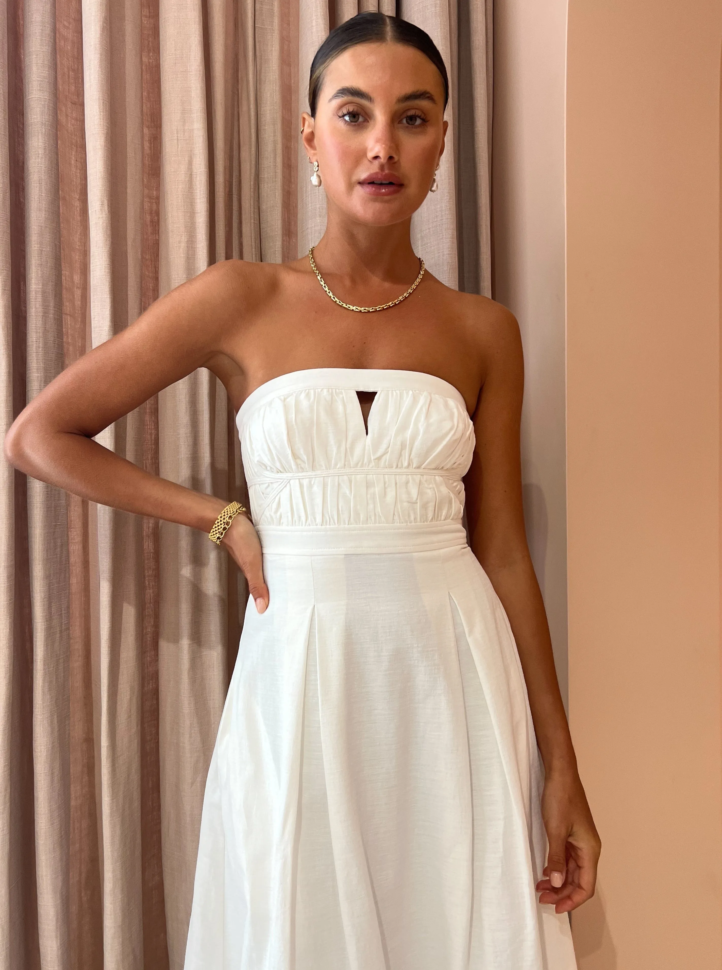 Shona Joy Akua Strapless Bustier Midi Dress in Coconut