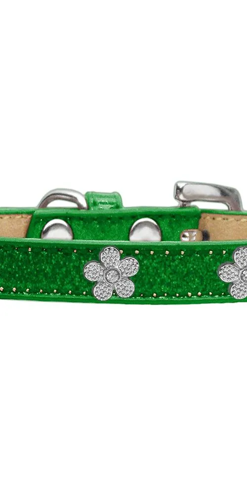 Silver Flower Widget Dog Collar Emerald Green Ice Cream Size 12