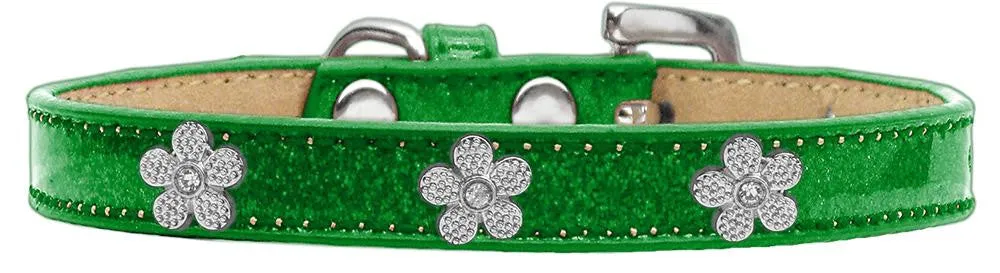 Silver Flower Widget Dog Collar Emerald Green Ice Cream Size 12