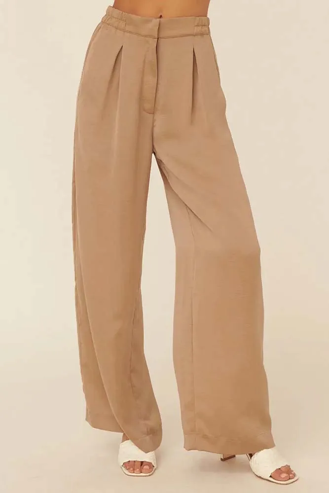 Solid Pleated High-Rise Elastic Waist Pants