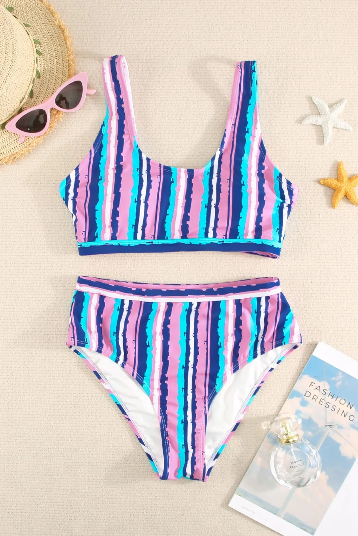 Striped Print U Neck Mid Waist Bikini Swimsuit