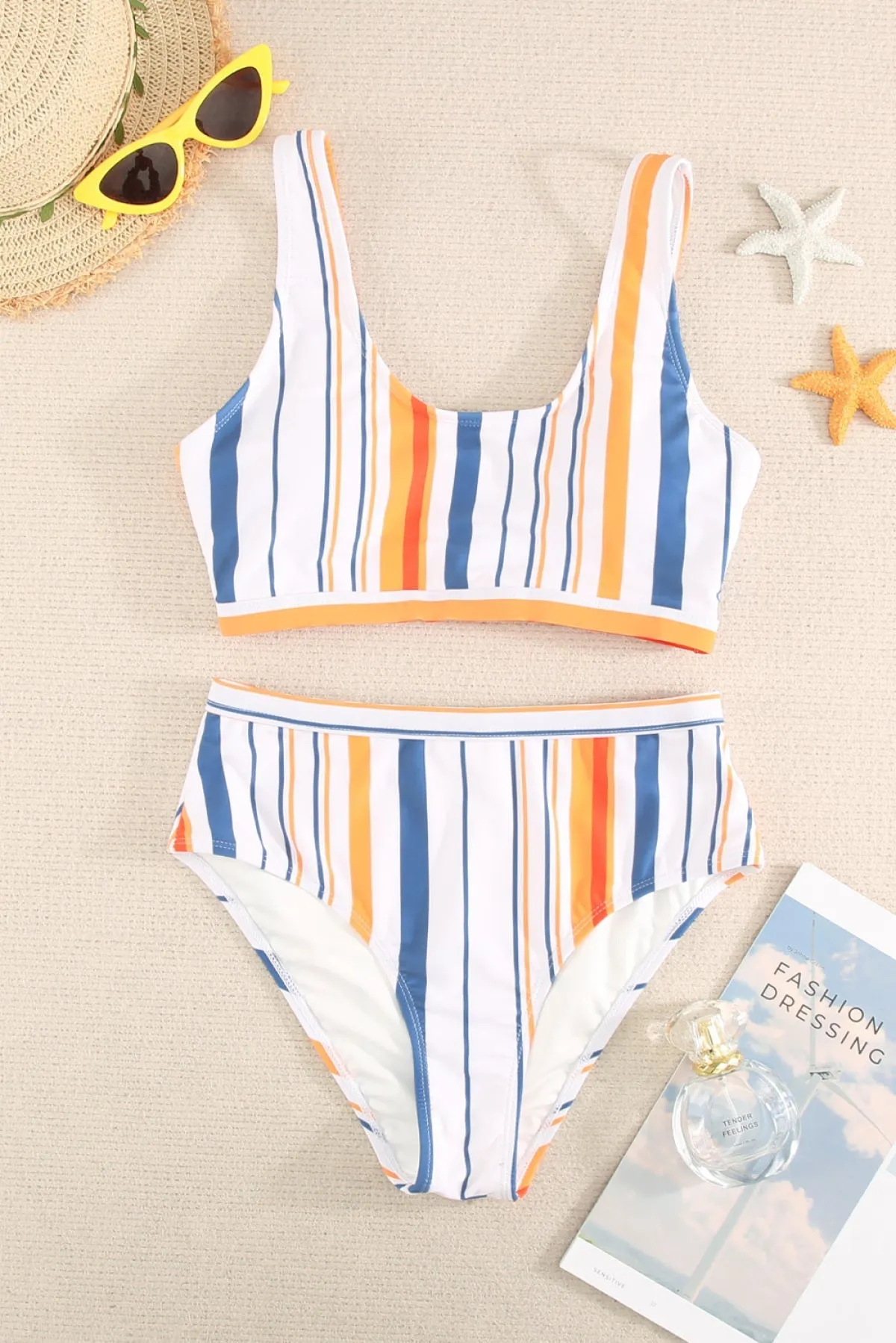 Striped Print U Neck Mid Waist Bikini Swimsuit