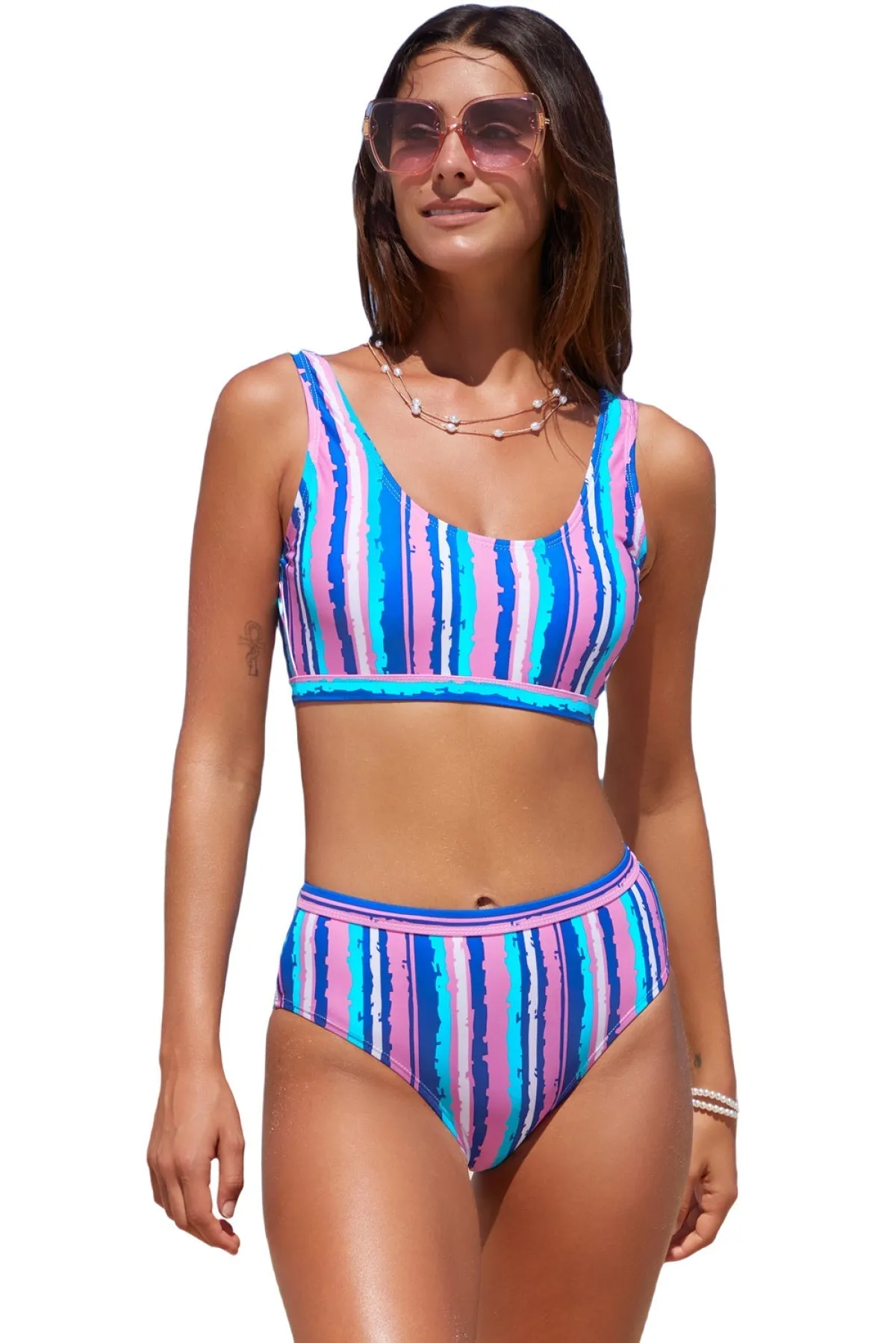 Striped Print U Neck Mid Waist Bikini Swimsuit