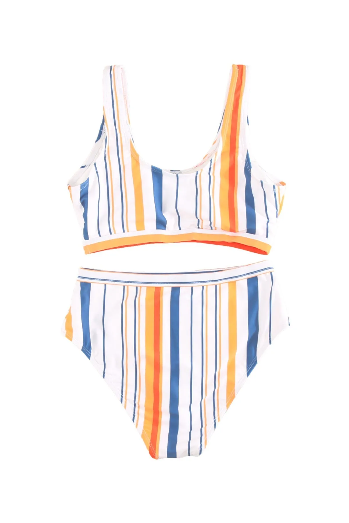 Striped Print U Neck Mid Waist Bikini Swimsuit