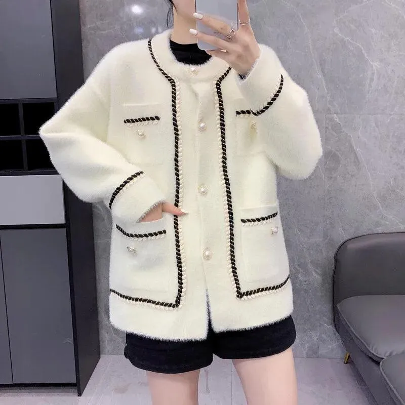 Sweater Korean Fashion Faux Fur Round Neck Long Sleeves L S3802409