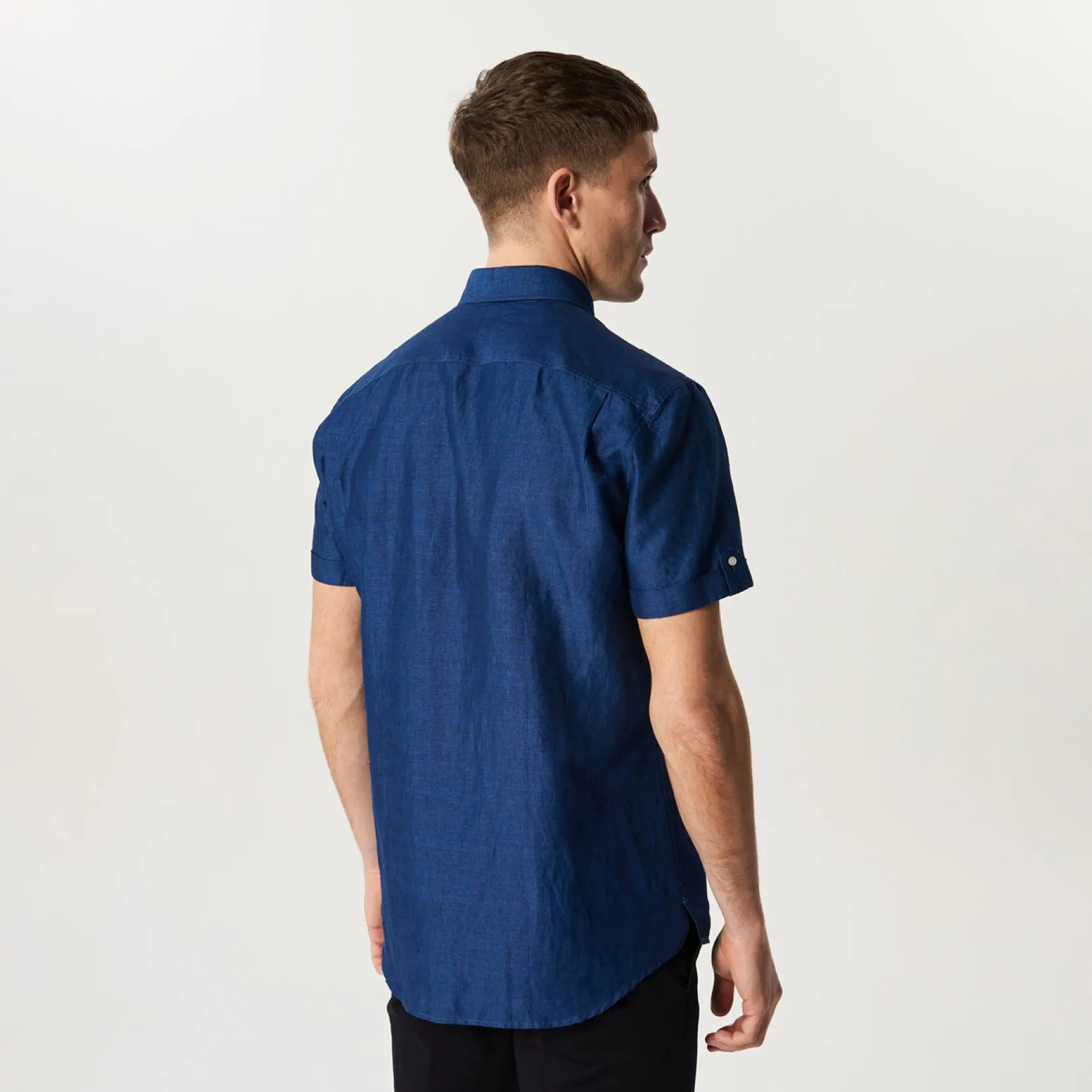 Tailored Fit Cotton Linen Denim Short Sleeve Shirt Indigo