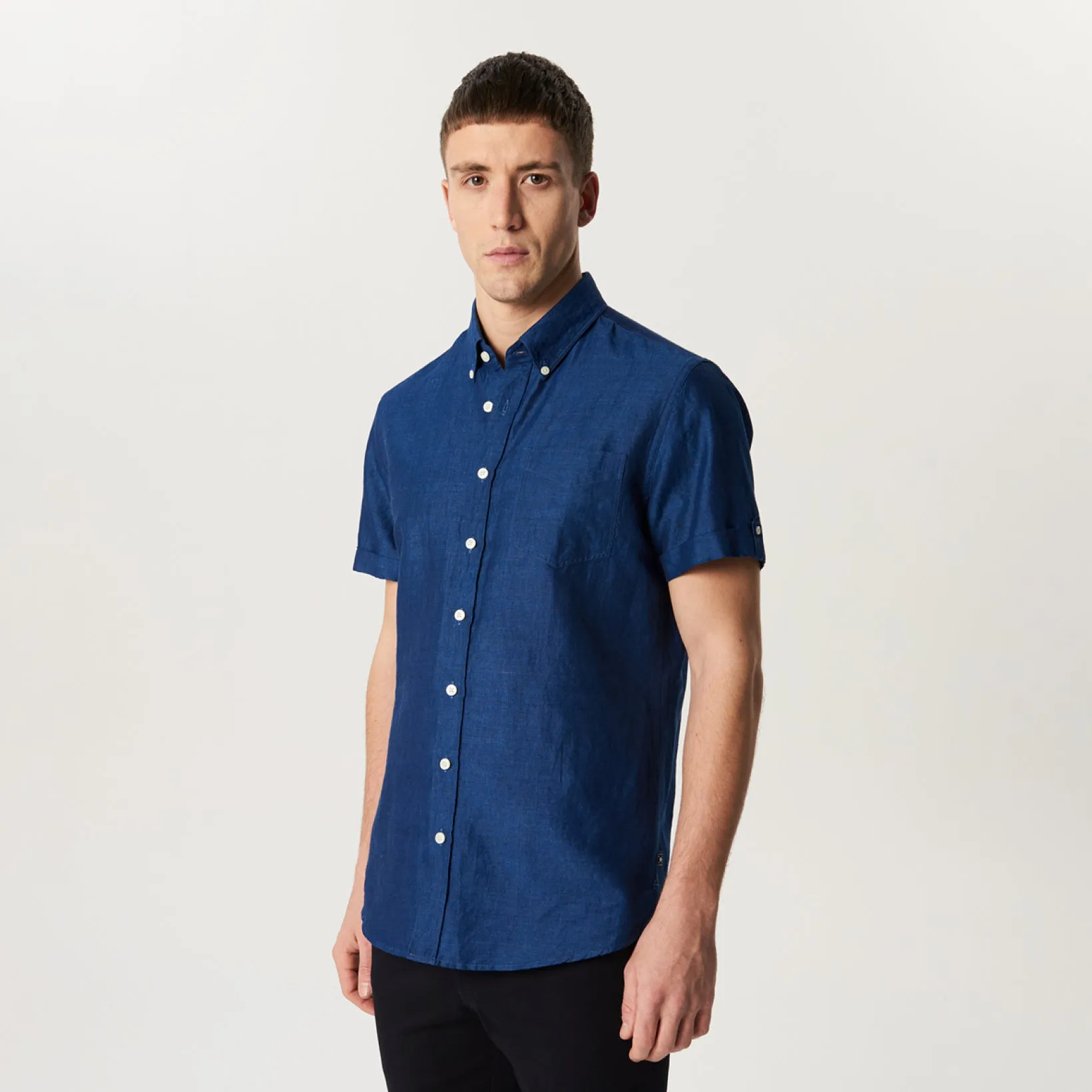 Tailored Fit Cotton Linen Denim Short Sleeve Shirt Indigo