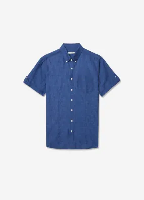 Tailored Fit Cotton Linen Denim Short Sleeve Shirt Indigo