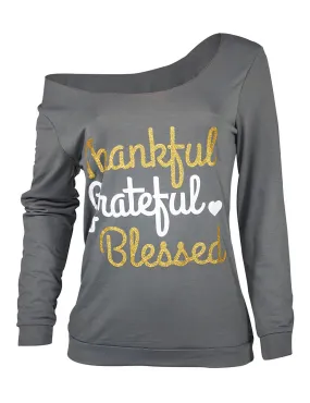 Thanks Giving Graphic Print Skew Neck Top 8566