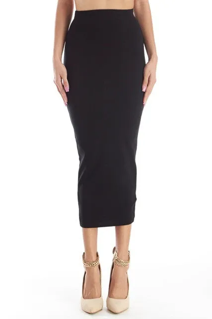 THE MYSTYLEMODE BLACK FITTED KNIT MIDI SKIRT