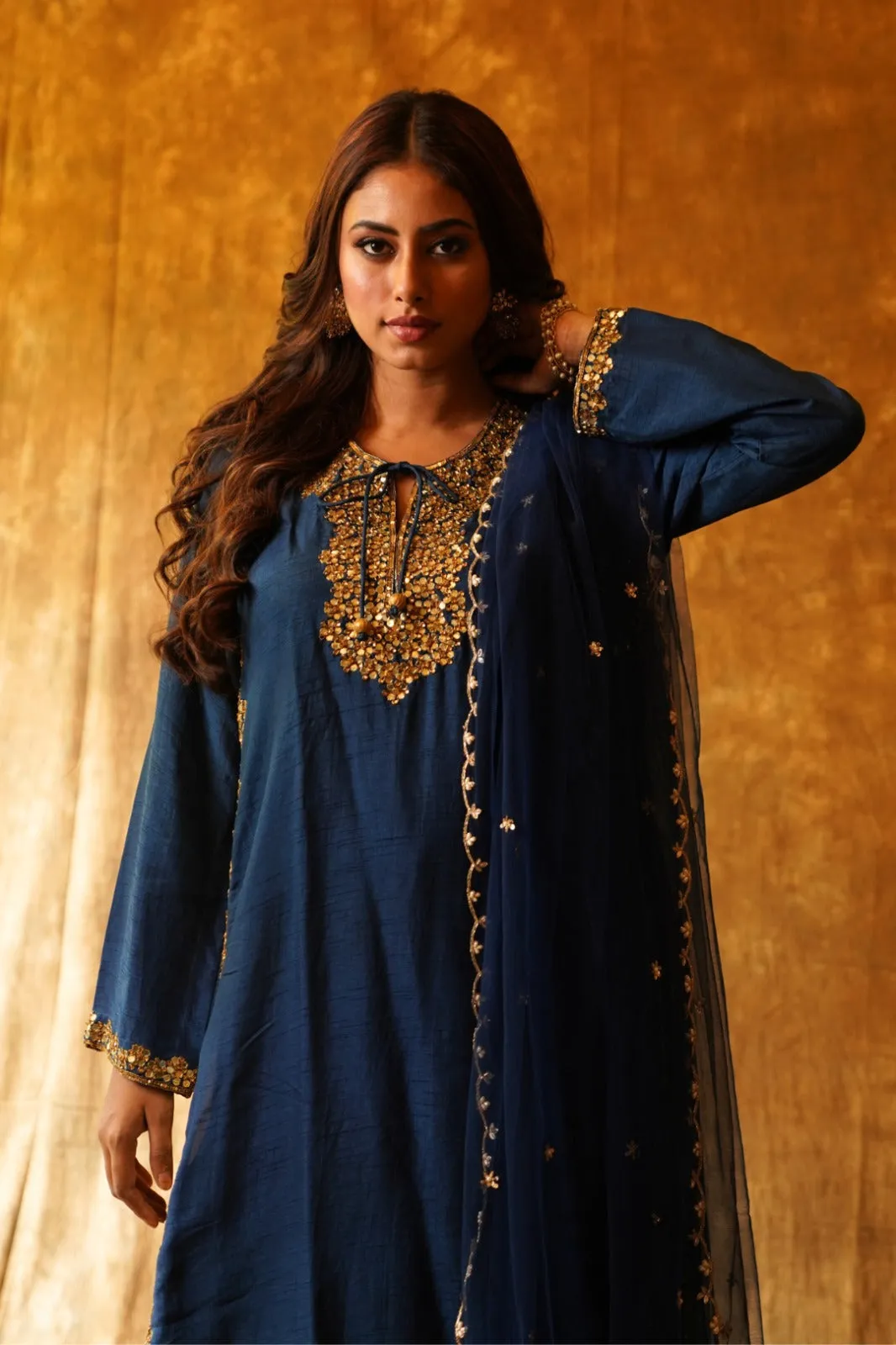 Timeless Elegance: High-Slit Kurta, Palazzo & Dupatta Set - Navy Blue