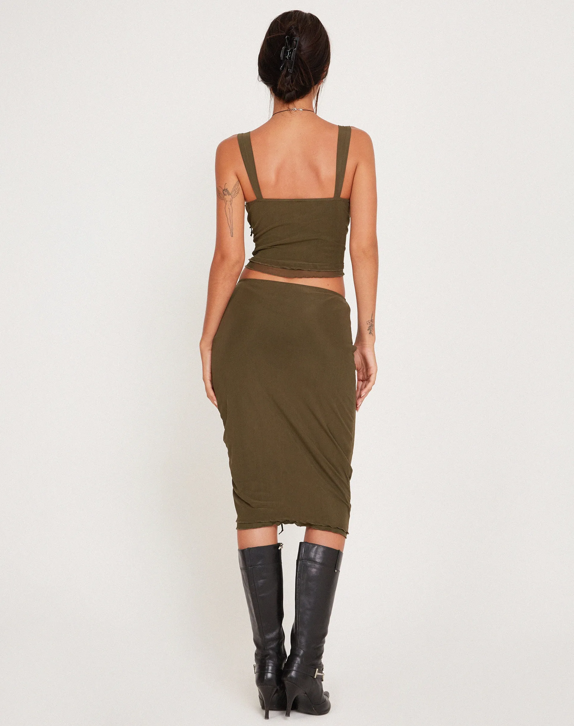 Tya Midi Skirt in Mesh Dark Olive