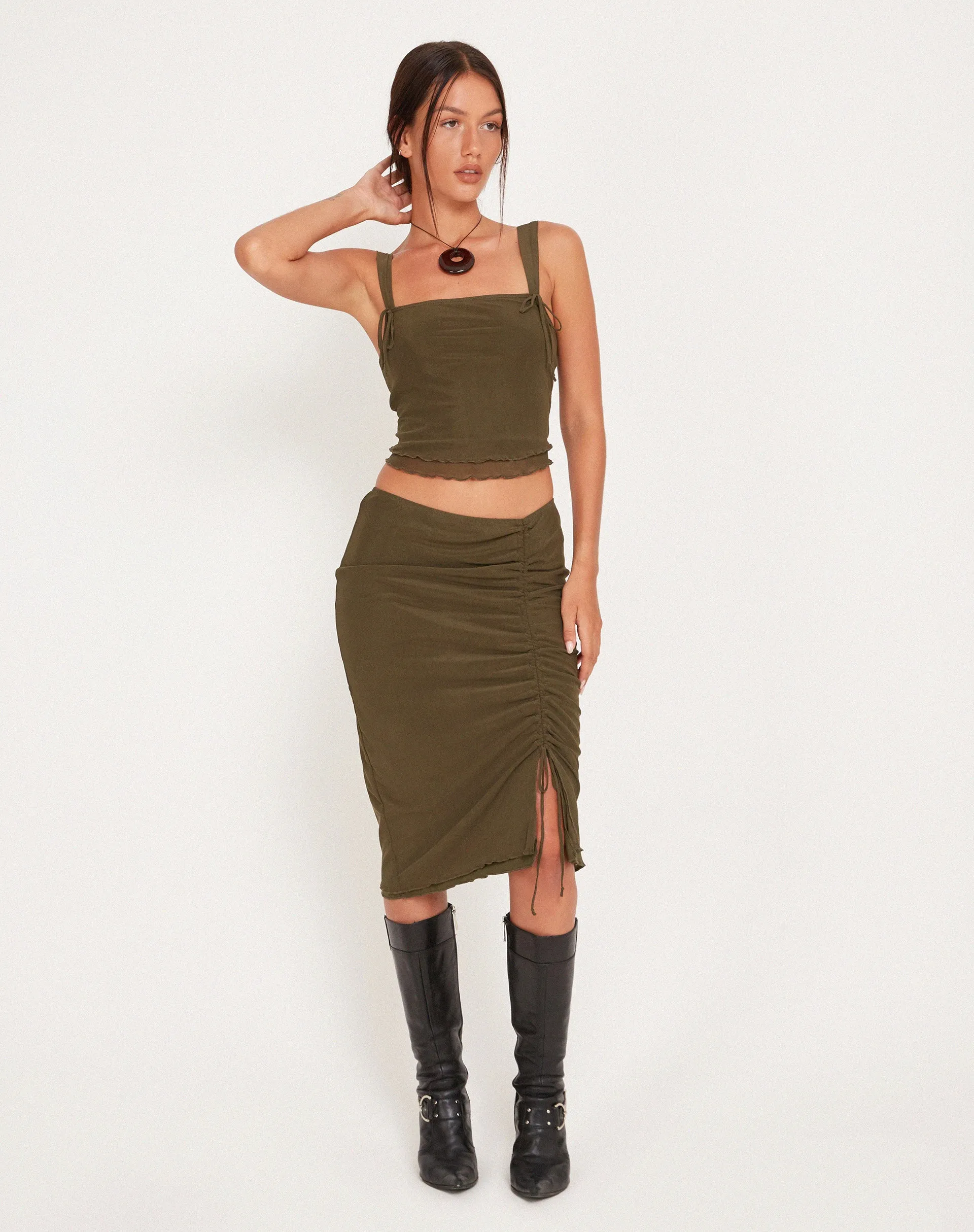 Tya Midi Skirt in Mesh Dark Olive