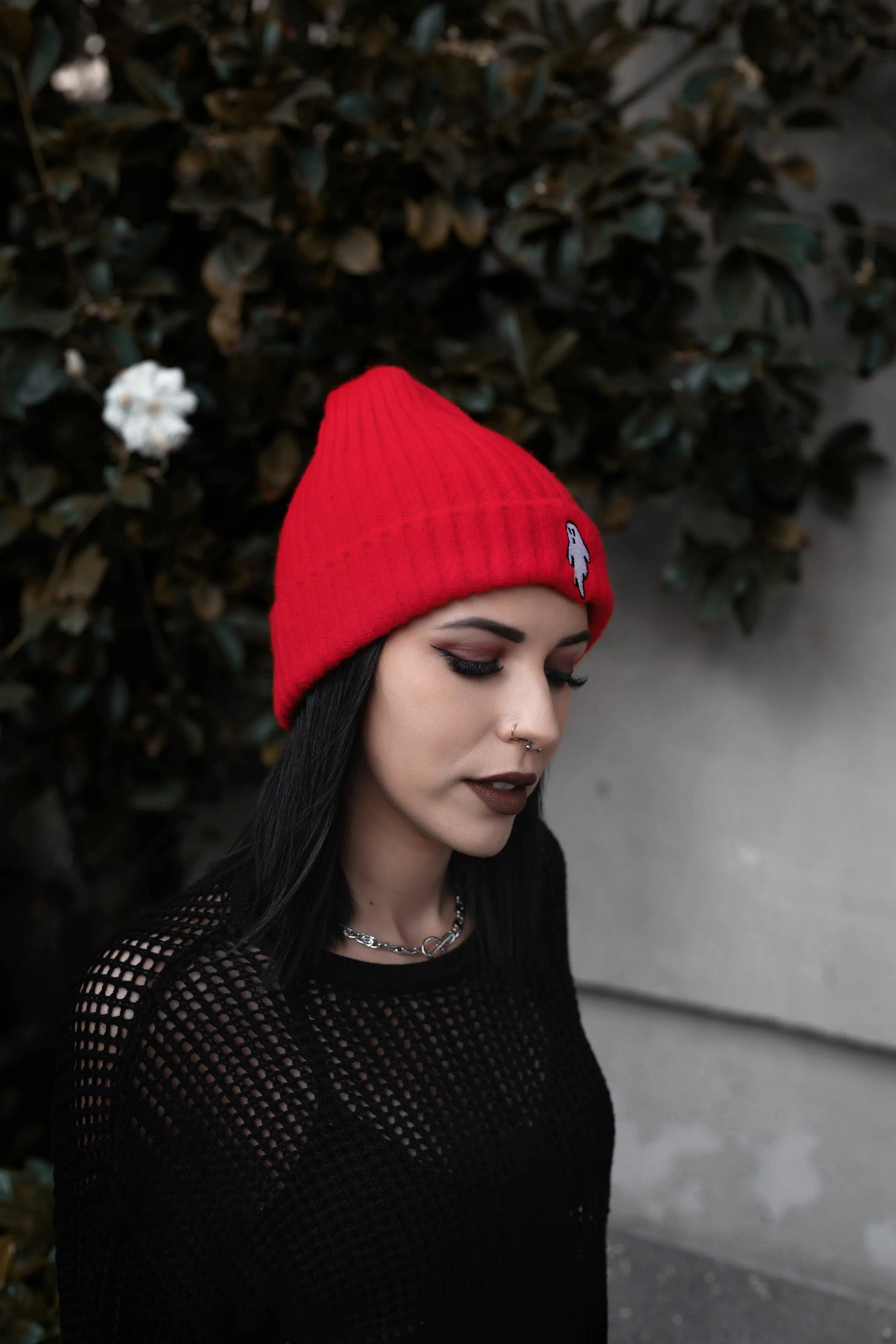 Vampire Red | Ghostie Embroidered & Reversible Knit Beanie