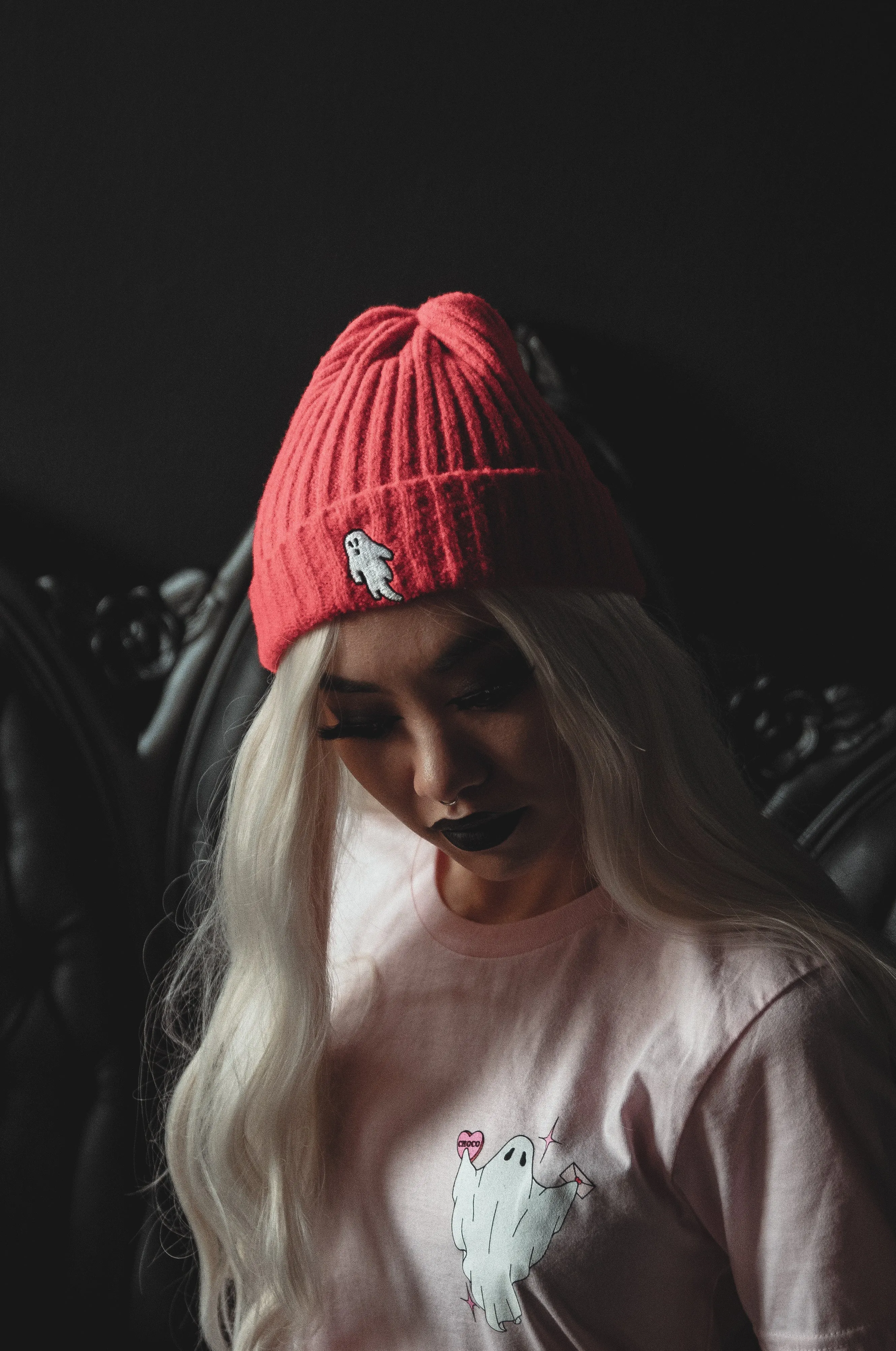 Vampire Red | Ghostie Embroidered & Reversible Knit Beanie