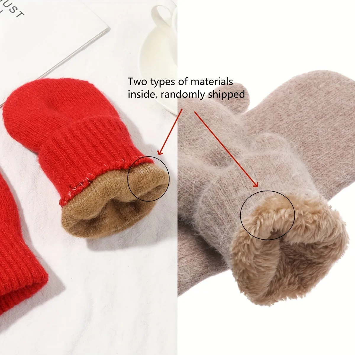 Velvet Lined Knit Mittens Warm Full Finger Gloves for Winter