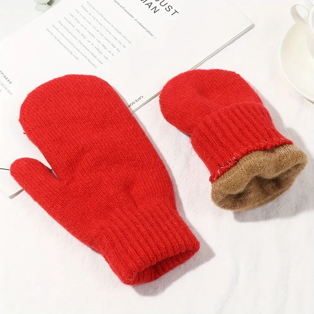 Velvet Lined Knit Mittens Warm Full Finger Gloves for Winter