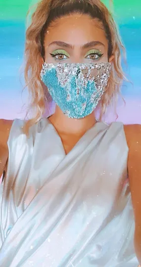 Versatile Turquoise and Silver Sequin Face Mask