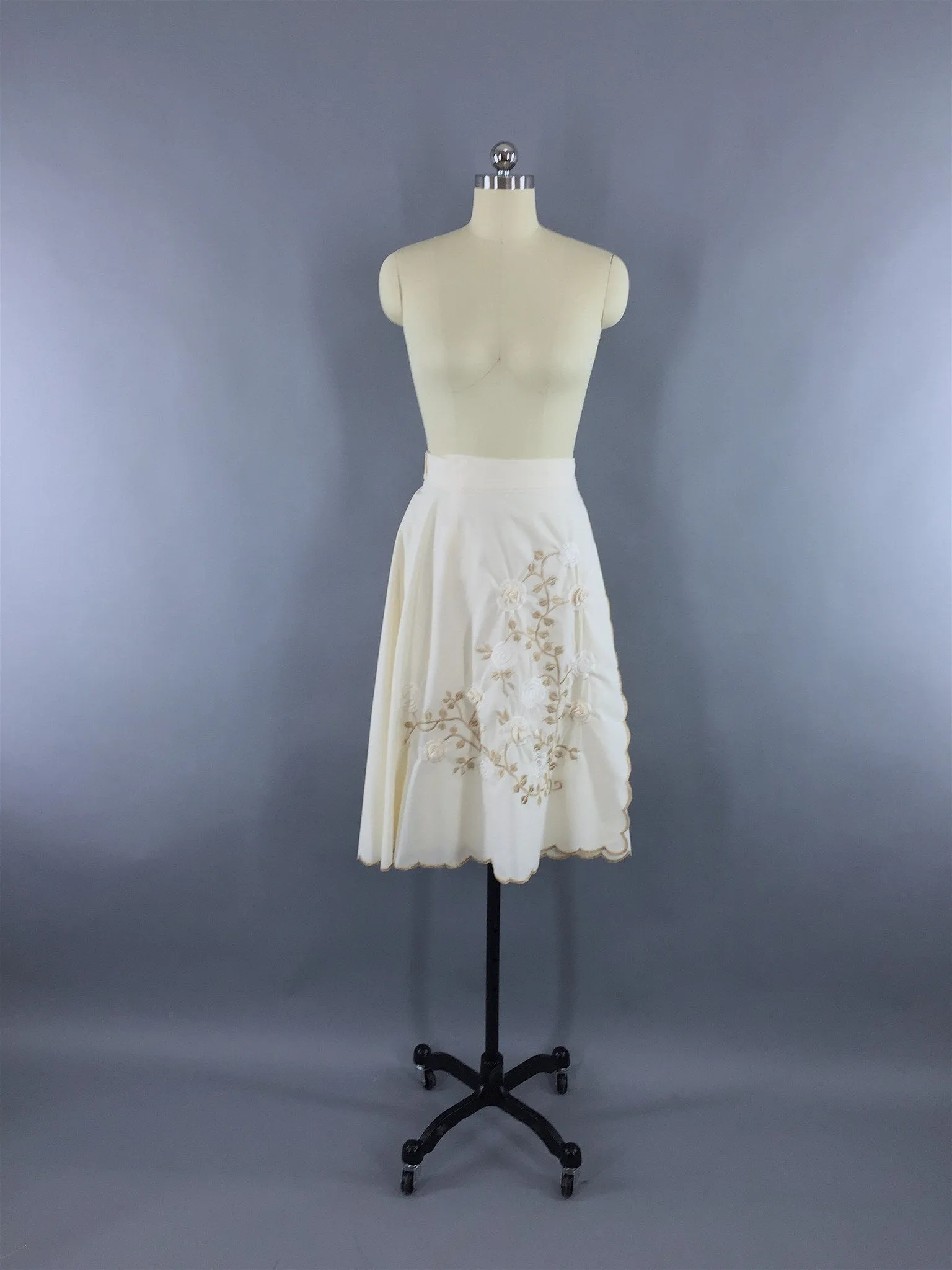 Vintage 1970s Wrap Circle Skirt with Ivory Floral Embroidery