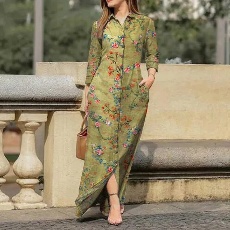 Vintage Flower Print Loose Shirt Dress Office Fashion Lapel Collar Button Party Dress 2023 Women Casual Long Sleeve Long Dresses