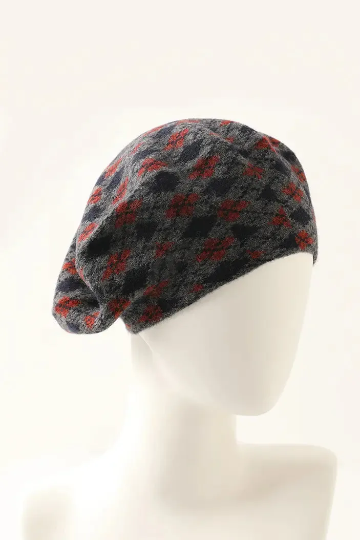 Vintage Pure Cashmere Knit Plaid French Beret