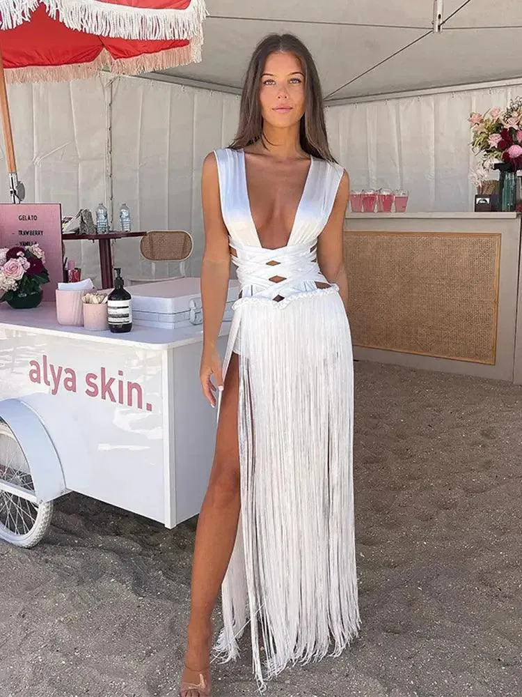 White Bandage Tassel Off-Shoulder Beach Party Gown - Elegant Fashion Trend