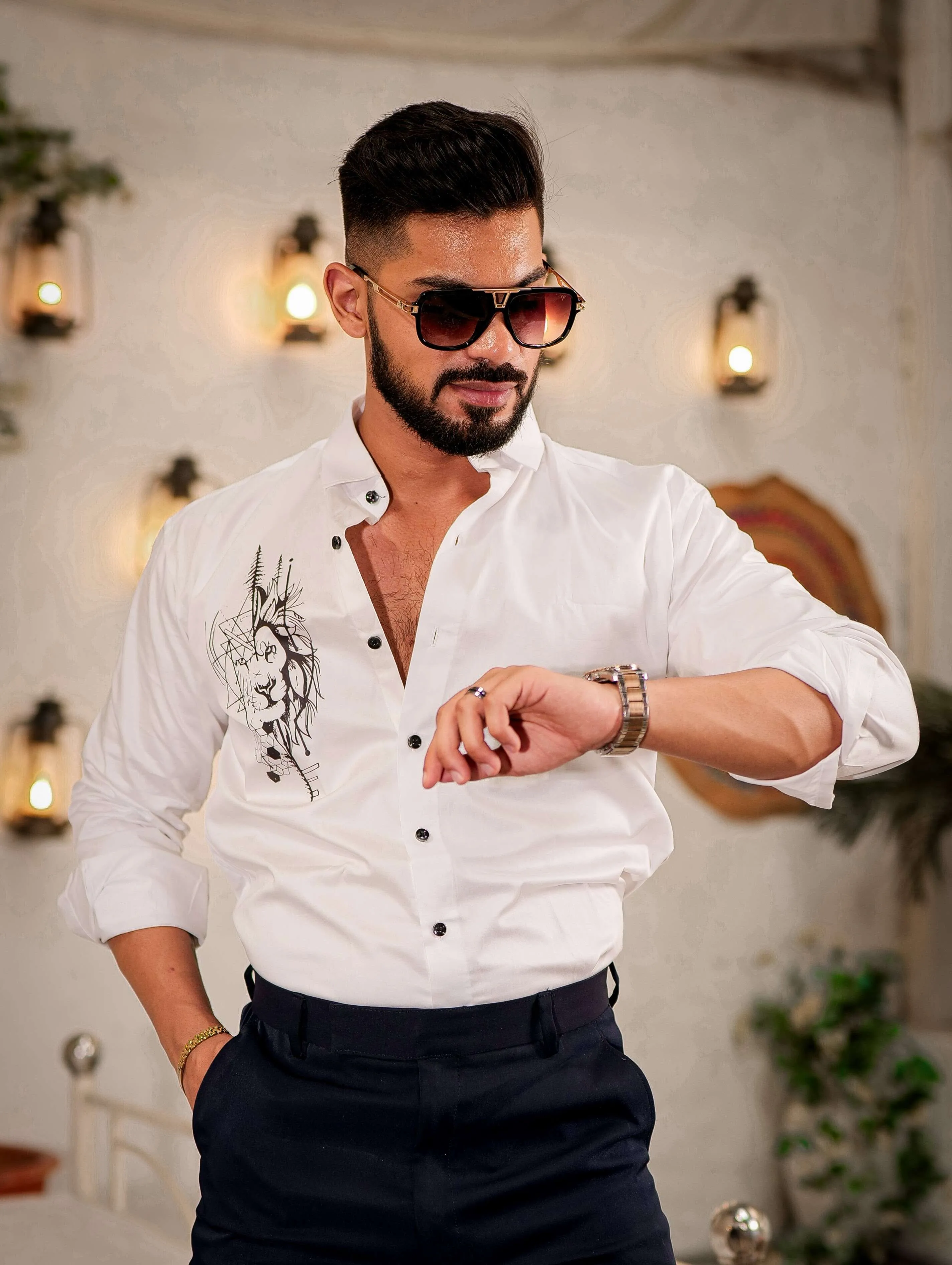 White Club Wear Printed Satin Cotton Shirt