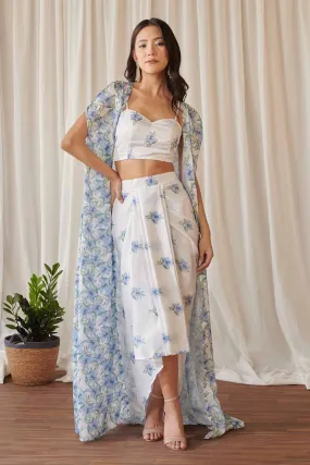 White Floral Print Bralette & Skirt Set With Cape