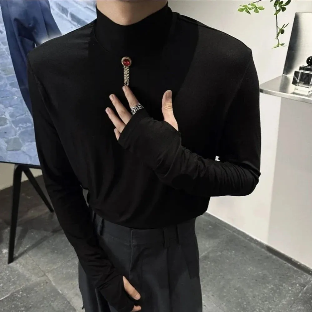 Wiaofellas Men's Black Tight-Fitting Bottoming Shirt Autumn Winter New Fashion Casual Simple Solid Color Versatile Long-Sleeve Top