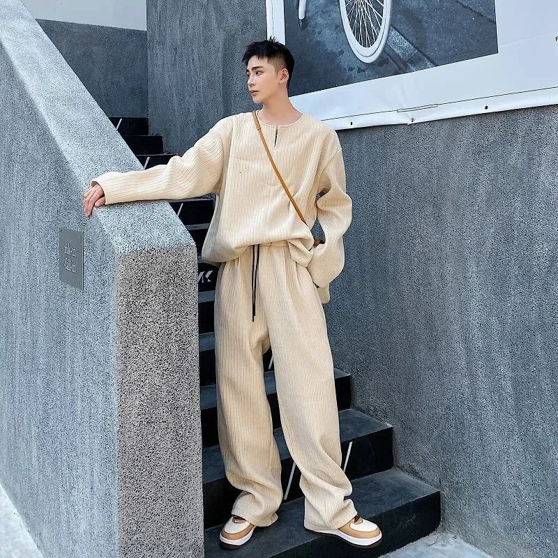 Wiaofellas  -  Thickened Men Chenille Velvet Jacquard Male Drawstring Pants Fashion Trendy Versatile Wide Leg Pants New Autumn Winter