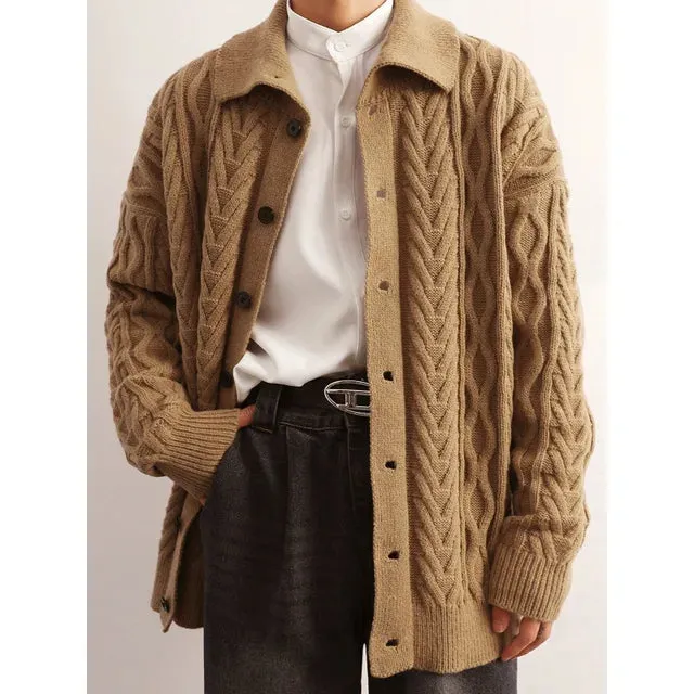 Wiaofellas Winter Fashion Thickened Collar Cardigan Sweater Men's Japanese Retro Lazy Loose Versatile Casual Fried Dough Twists Knit Coat