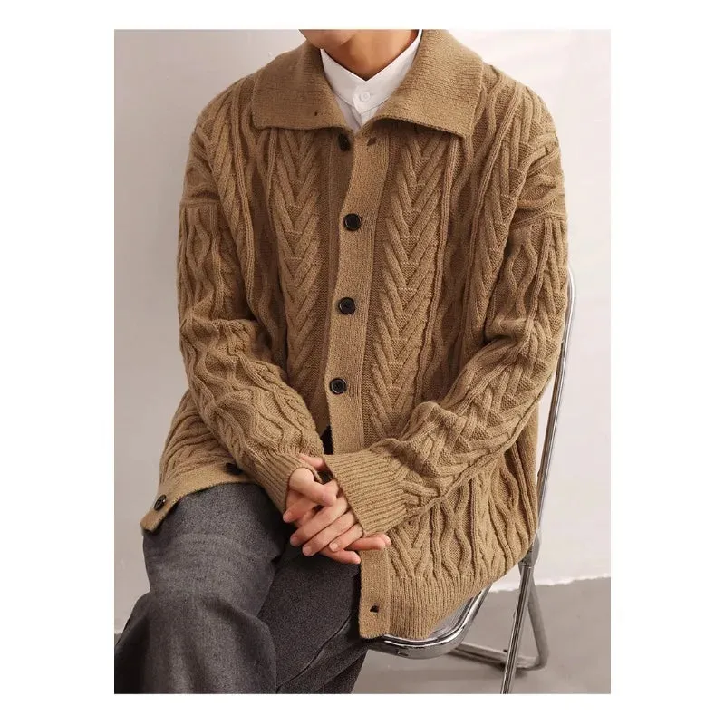 Wiaofellas Winter Fashion Thickened Collar Cardigan Sweater Men's Japanese Retro Lazy Loose Versatile Casual Fried Dough Twists Knit Coat