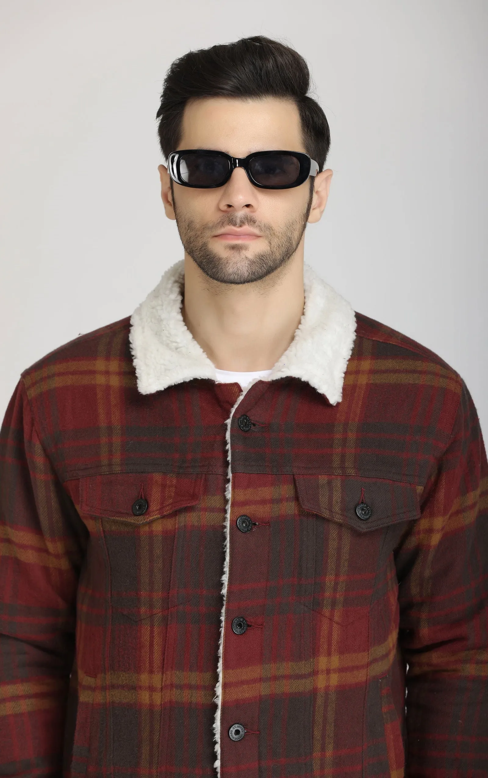 WINE CHECKS FUR WOOLEN JACKET