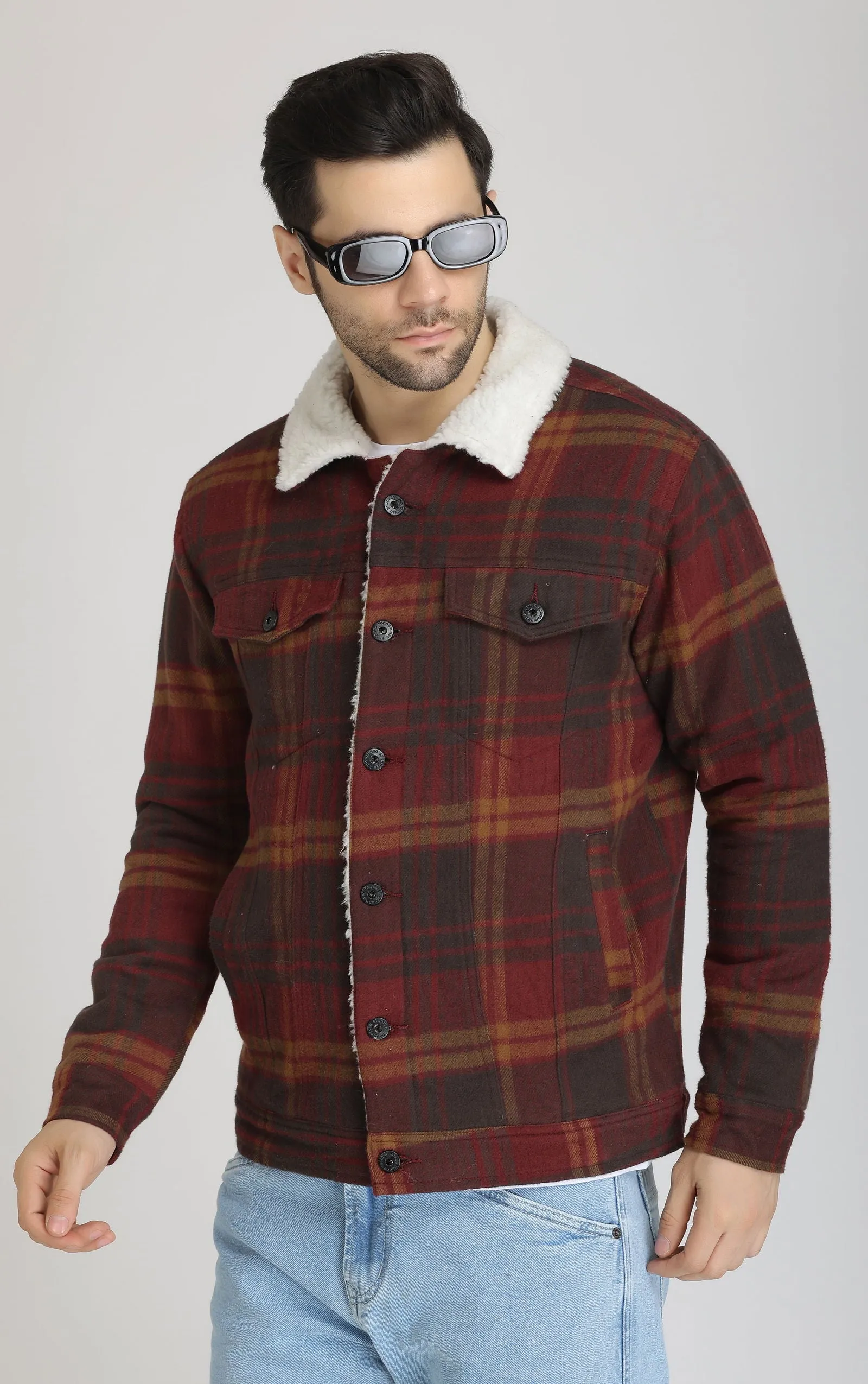 WINE CHECKS FUR WOOLEN JACKET