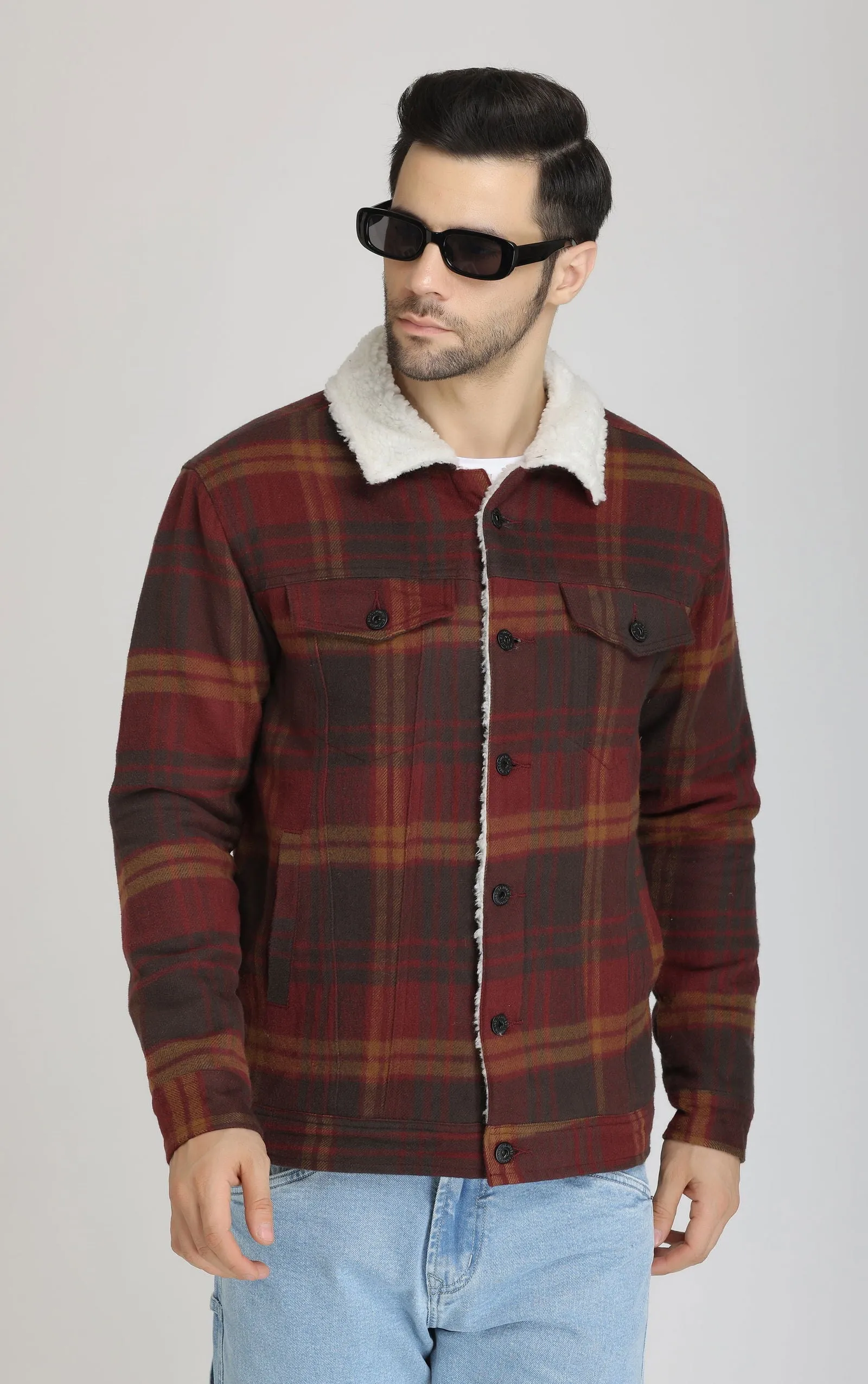 WINE CHECKS FUR WOOLEN JACKET