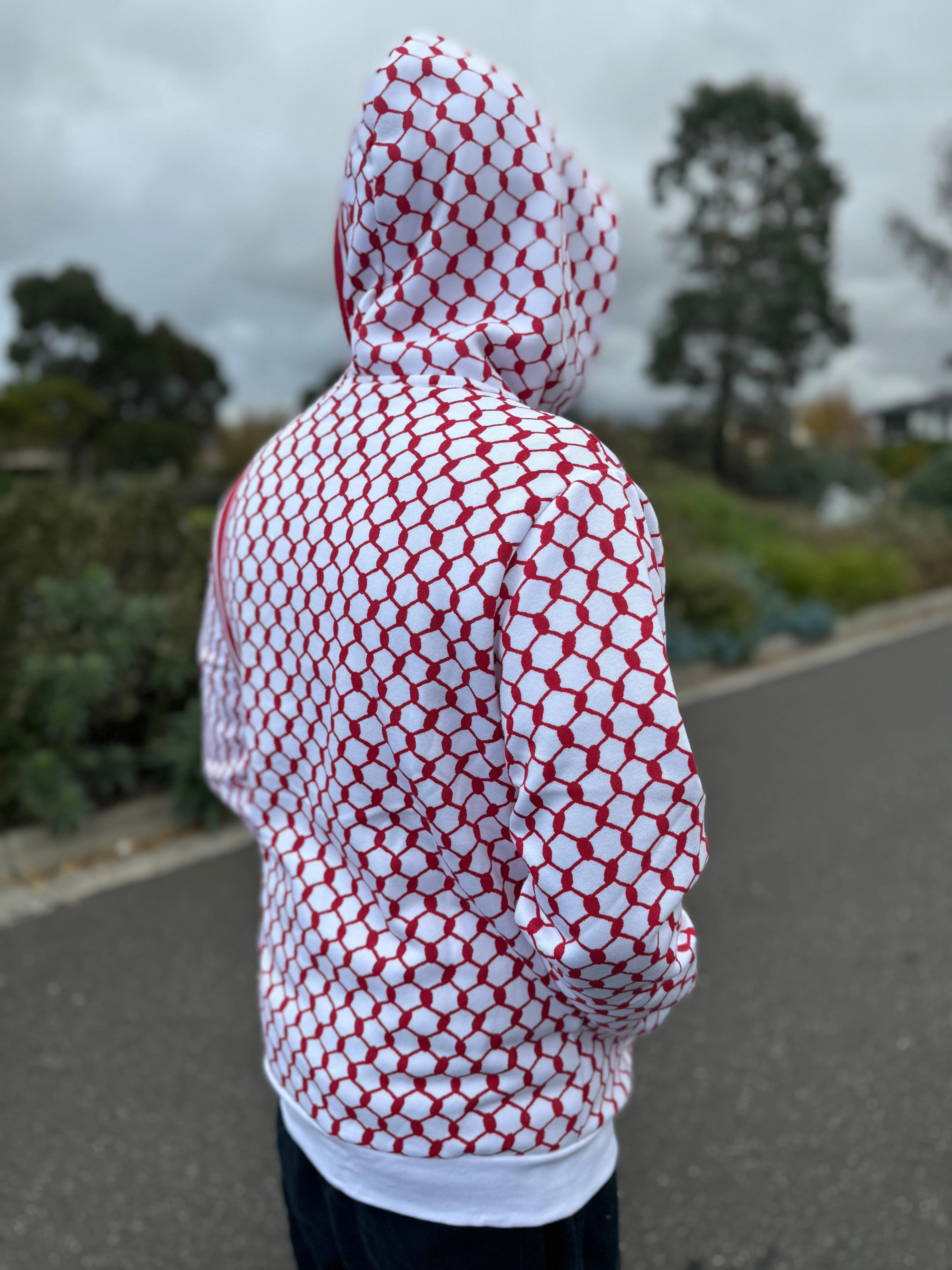 Winter Exclusive: Adult White & Red Keffiyeh Hoodies - First in Australia