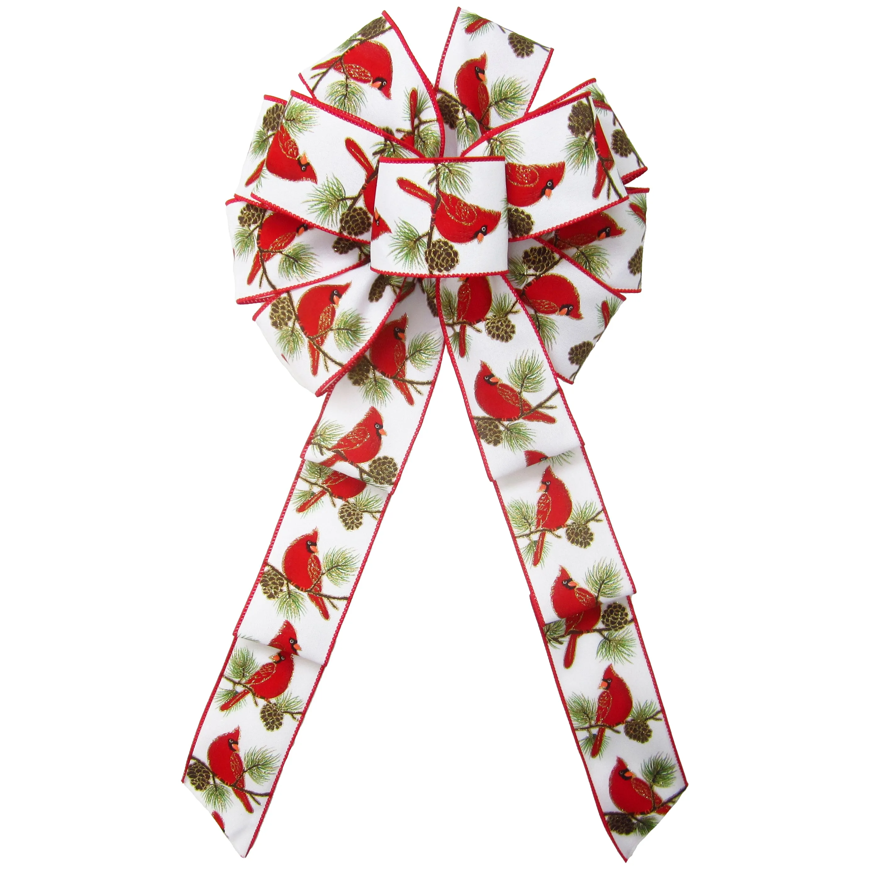 Wired Cardinals & Pine Cones White Linen Bow (2.5"ribbon~10"Wx20"L)