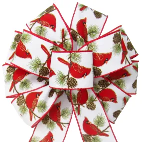 Wired Cardinals & Pine Cones White Linen Bow (2.5"ribbon~10"Wx20"L)