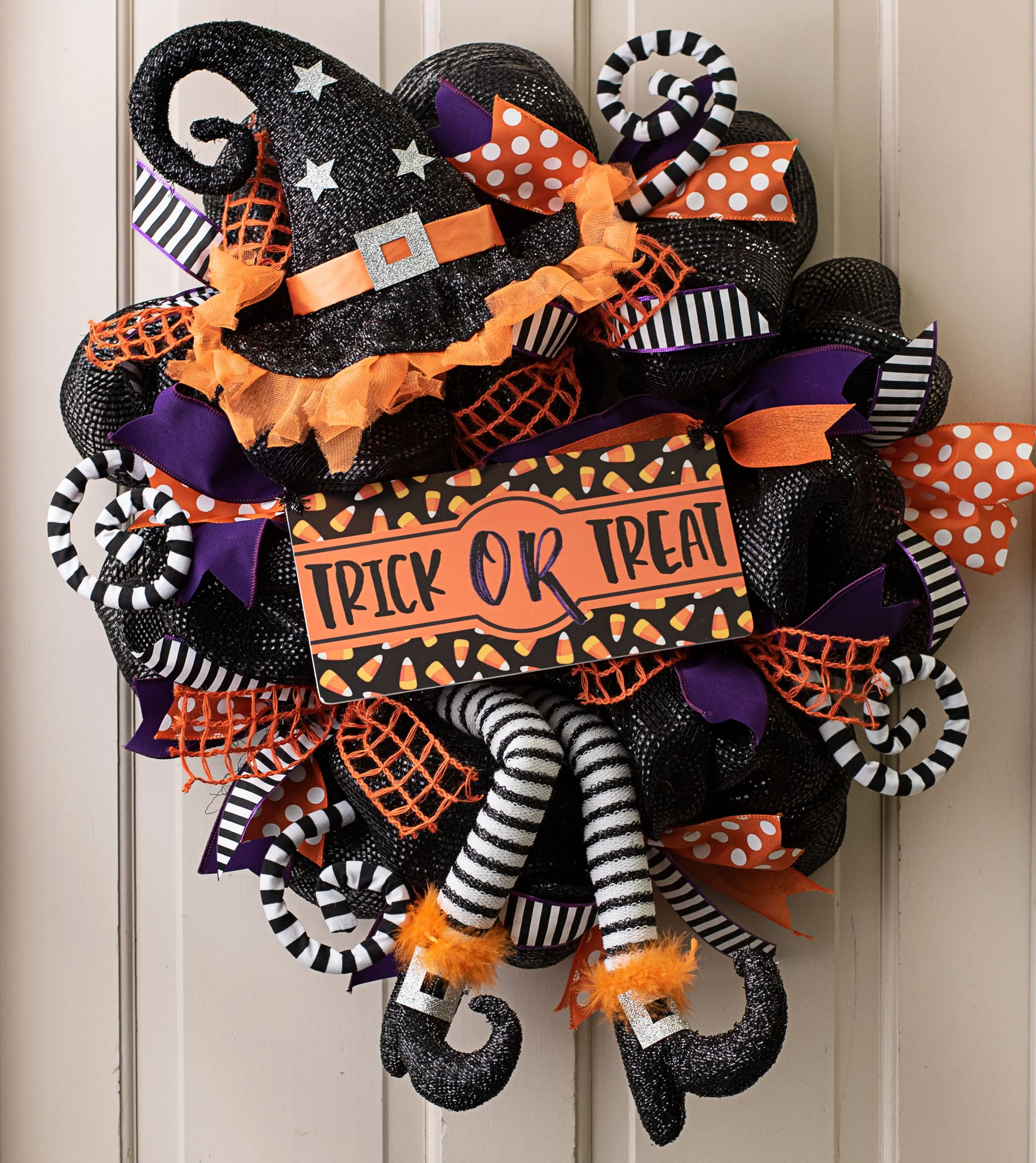 Witch Hat & Legs Wreath Accent: Black, Orange, White Stripe