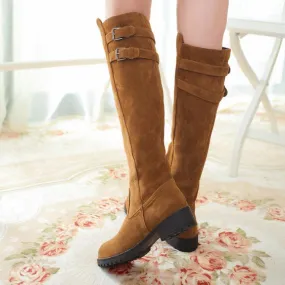 Women chunky heel platform double buckle strap slip on knee high boots