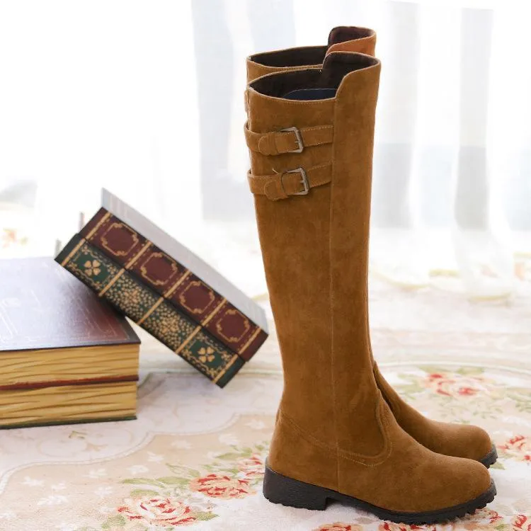 Women chunky heel platform double buckle strap slip on knee high boots