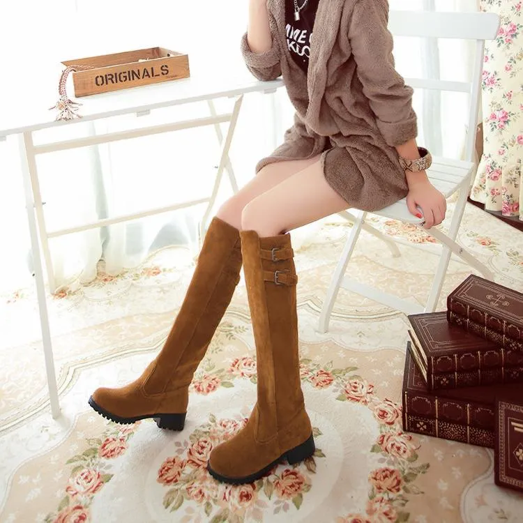 Women chunky heel platform double buckle strap slip on knee high boots