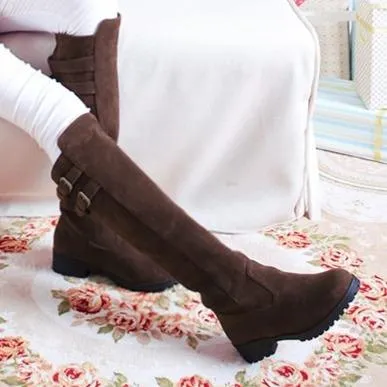 Women chunky heel platform double buckle strap slip on knee high boots