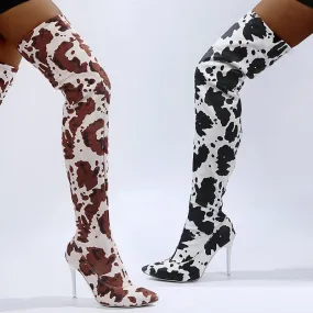 Women fashion printed stiletto high heel pointed toe over the knee boots