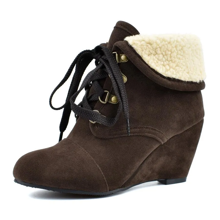 Women winter wedge lace up turn edge ankle boots