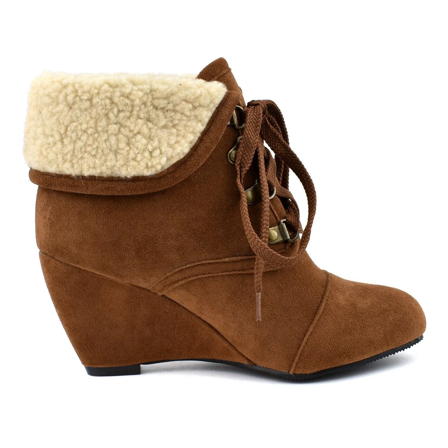 Women winter wedge lace up turn edge ankle boots