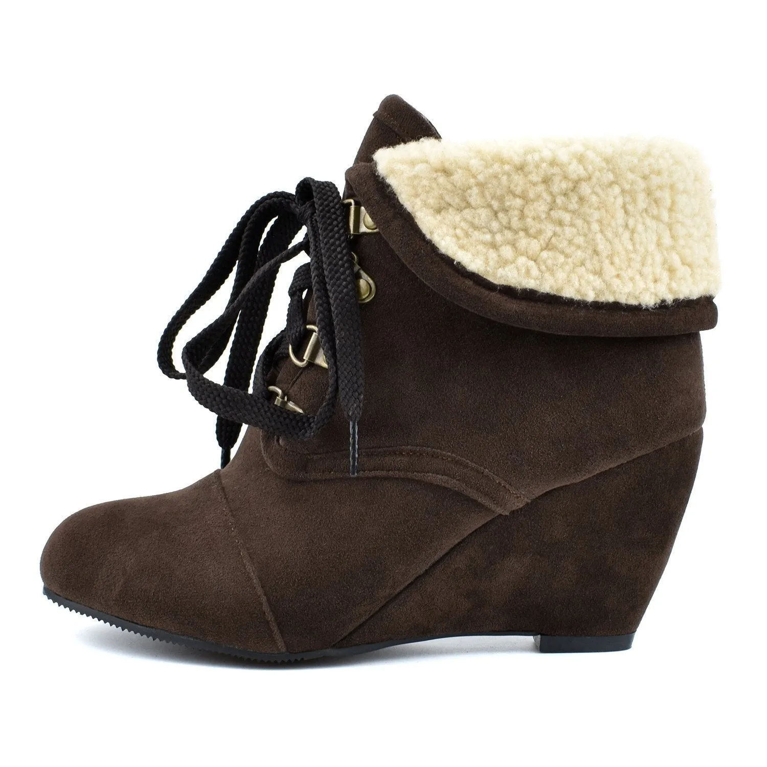 Women winter wedge lace up turn edge ankle boots