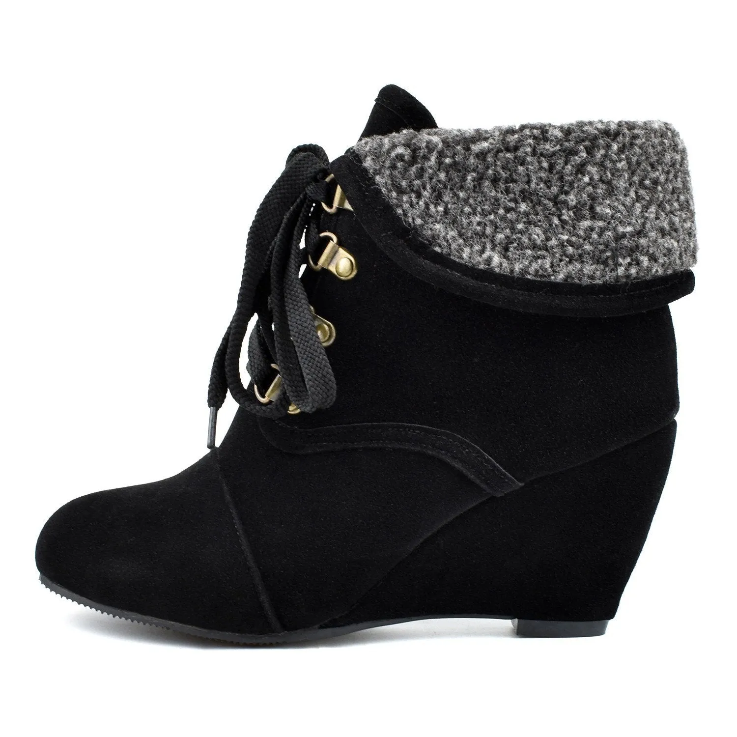 Women winter wedge lace up turn edge ankle boots