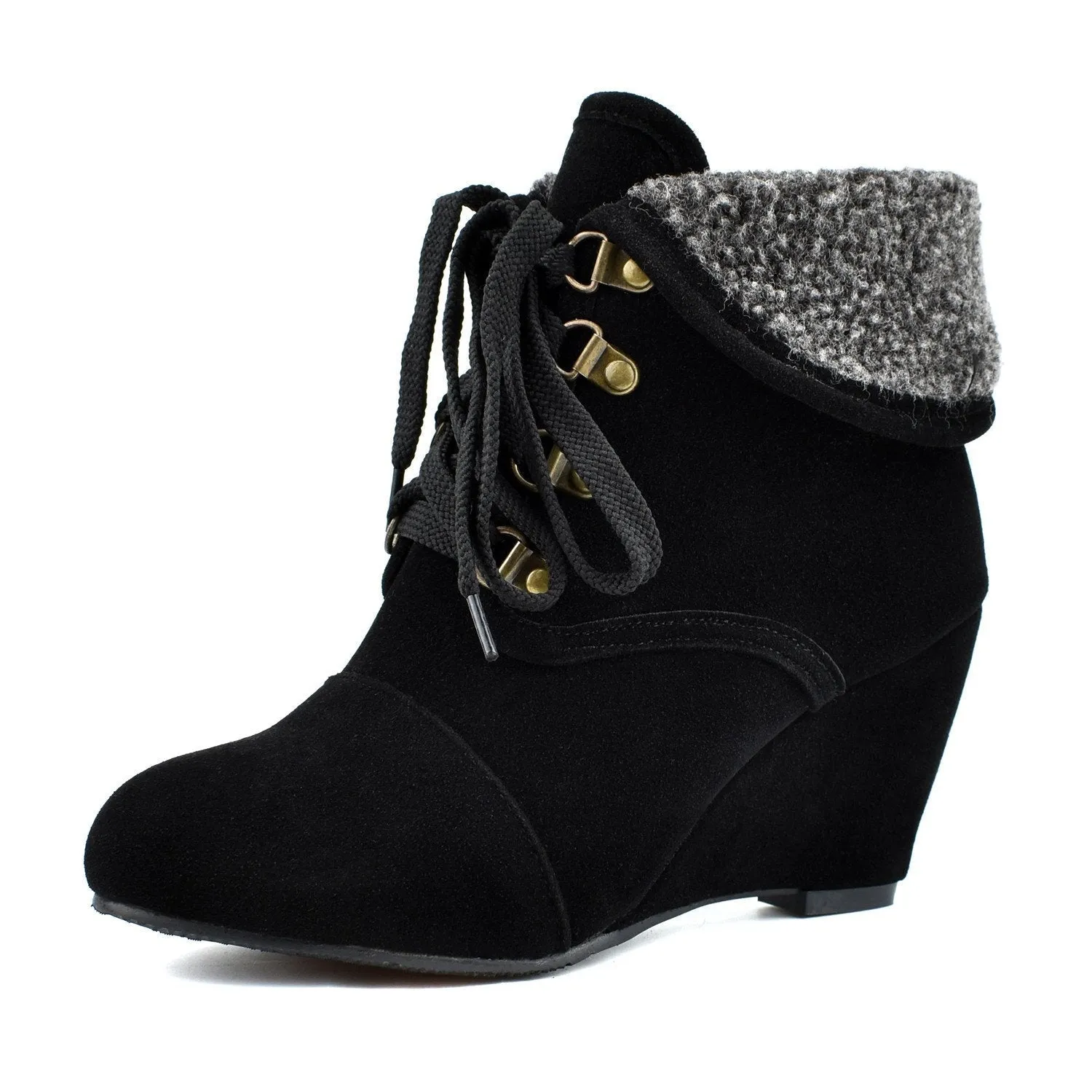 Women winter wedge lace up turn edge ankle boots